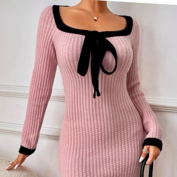 Elegant Bow Ribbon Sweater Dress. - Picture 9 of 16